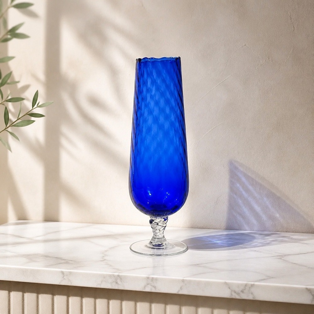 Vintage Empoli Cobalt Blue Glass Vase with Clear Twisted Stem